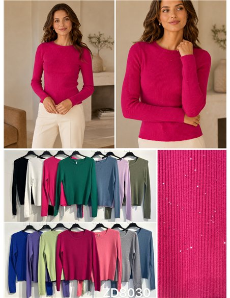 Jersey canalé cuello redondo con mini lentejuelas