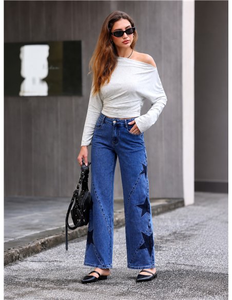 Weit geschnittene Jeans mit gestickten Patchwork-Sternen