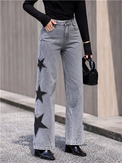 Jeans wide leg gris bordados patchwork estrellas