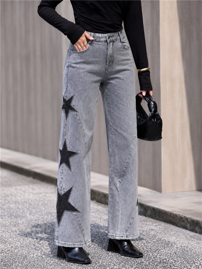 Jean gris à jambes larges brodé d'étoiles patchwork