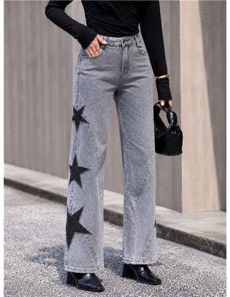 Jean gris à jambes larges brodé d'étoiles patchwork