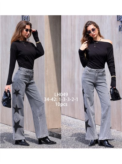 Jeans wide leg gris bordados patchwork estrellas 2