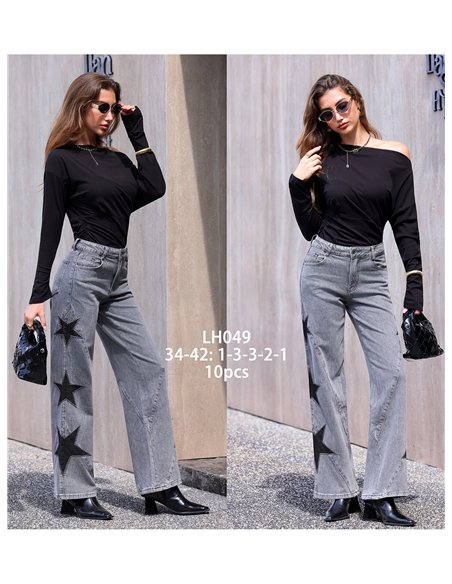 Jean gris à jambes larges brodé d'étoiles patchwork