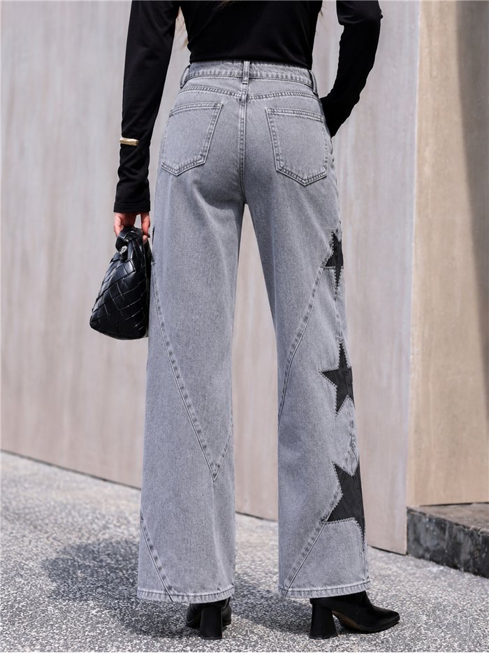 Jean gris à jambes larges brodé d'étoiles patchwork