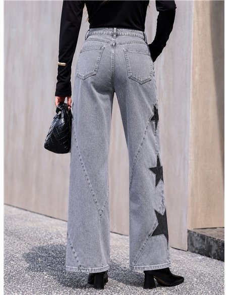 Jean gris à jambes larges brodé d'étoiles patchwork
