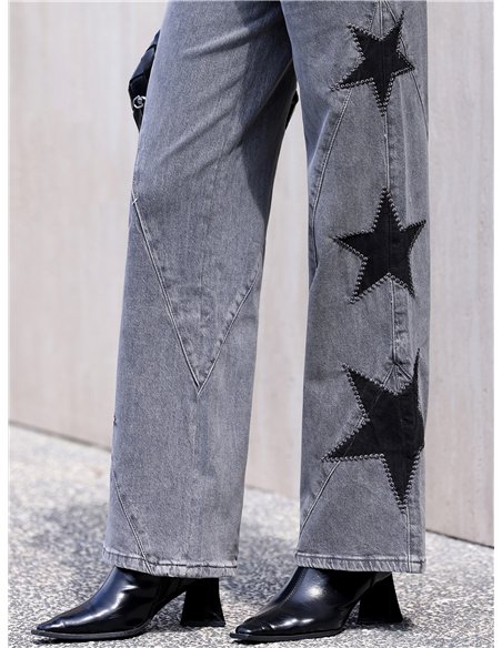 Jean gris à jambes larges brodé d'étoiles patchwork