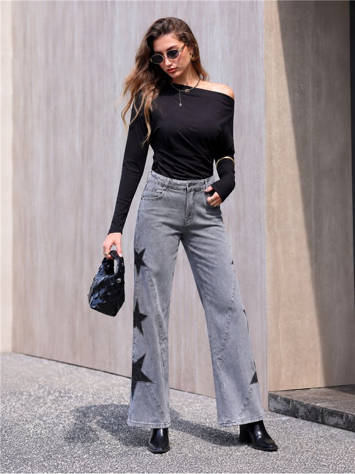 Jean gris à jambes larges brodé d'étoiles patchwork