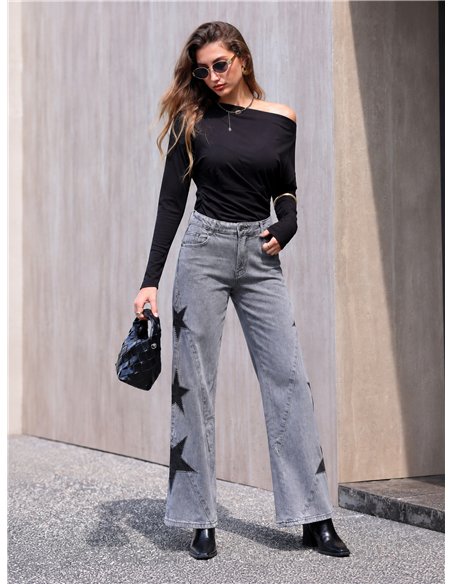 Jean gris à jambes larges brodé d'étoiles patchwork