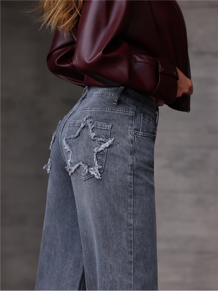 Jeans wide leg gris estrellas desflecadas
