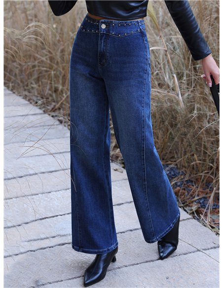Jeans wide leg tachuelas en cintura