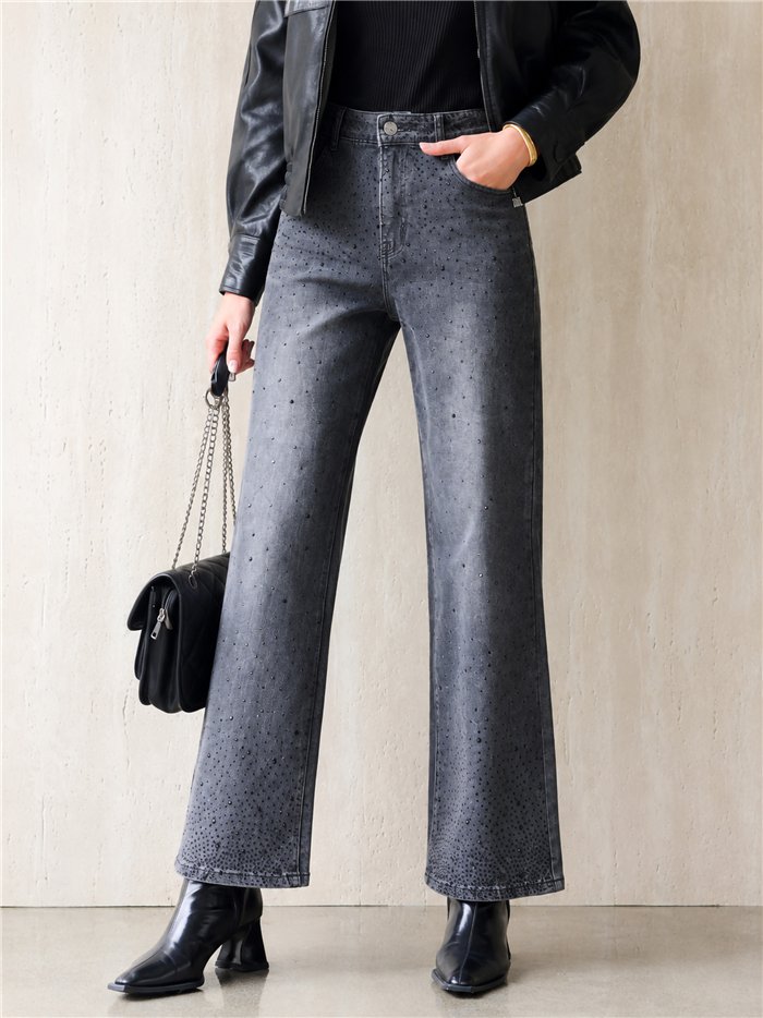 Jeans wide leg grises strass