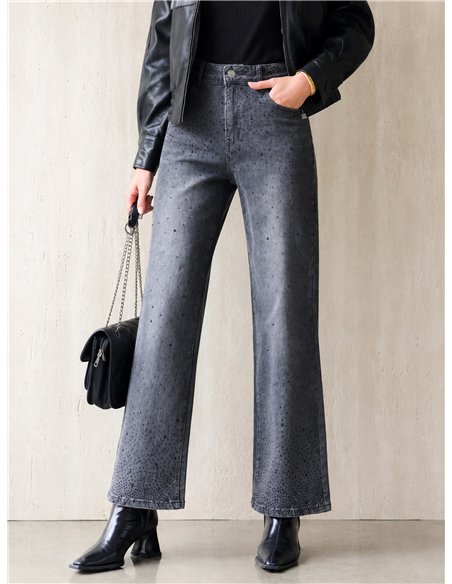 Jeans wide leg grises strass