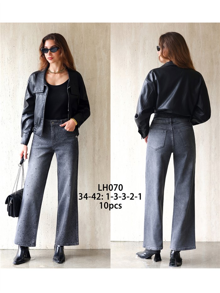 Jeans wide leg grises strass