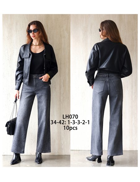 Jeans wide leg grises strass