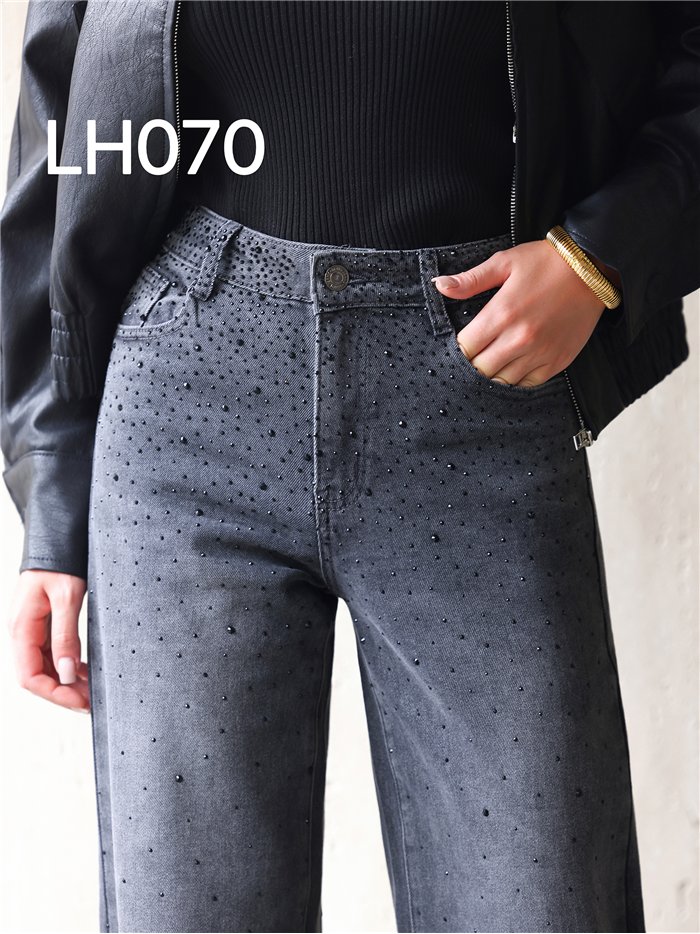 Jeans wide leg grises strass