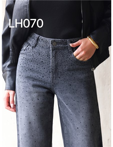 Jeans wide leg grises strass
