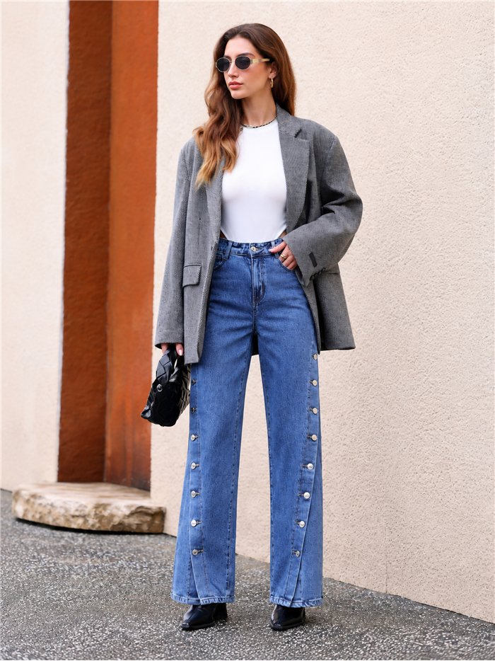 Jeans wide leg botones laterales