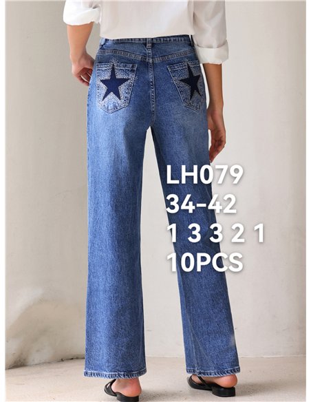 Jeans wide leg estrella trasera con strass