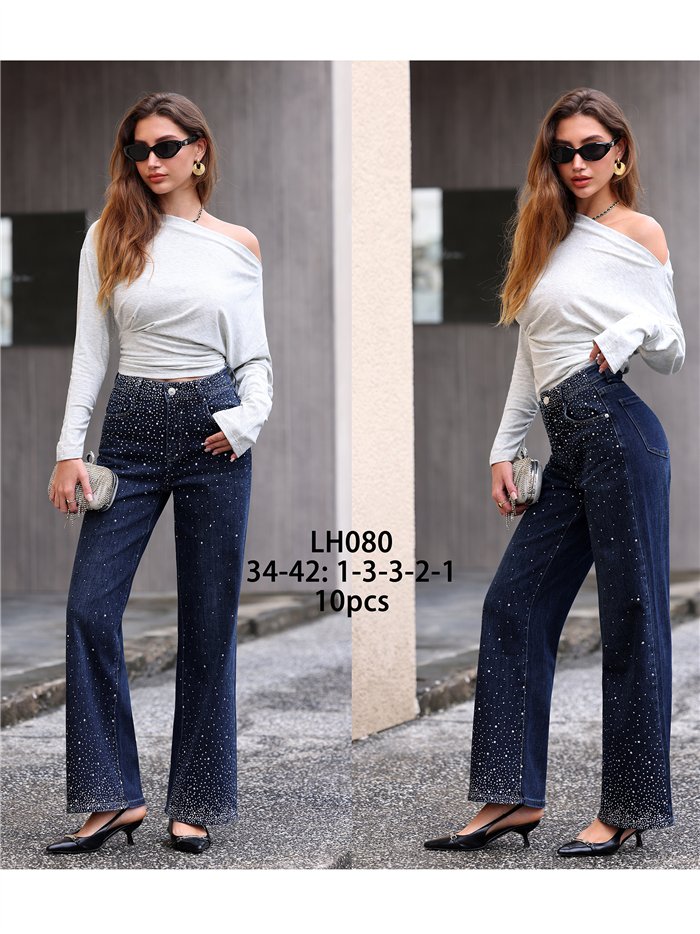 Jeans wide leg strass degradado
