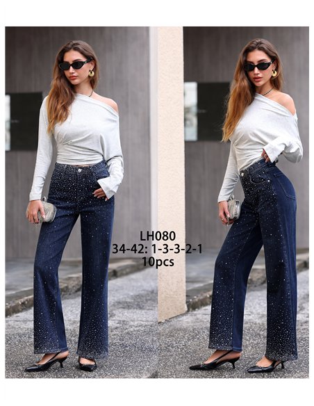 Jeans wide leg strass degradado