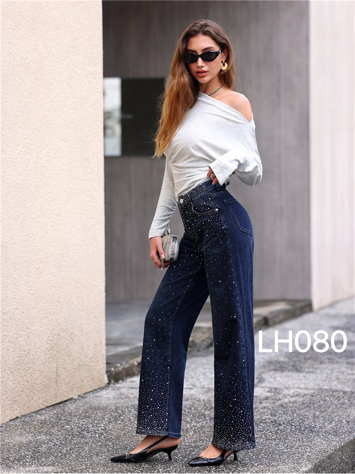Jeans wide leg strass degradado