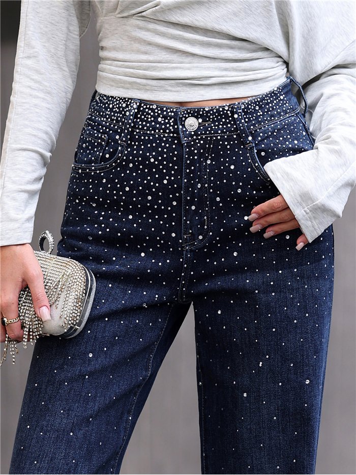 Jeans wide leg strass degradado