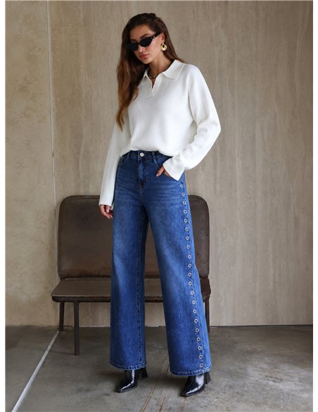 Jeans a gamba larga con occhielli laterali