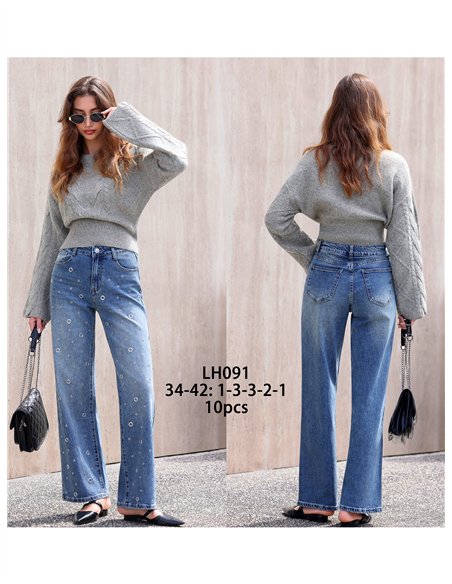 Jeans wide leg ojales decorativos