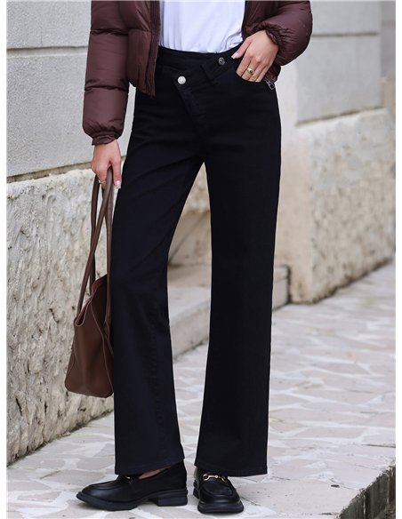 Jeans wide leg negros cintura cruzada