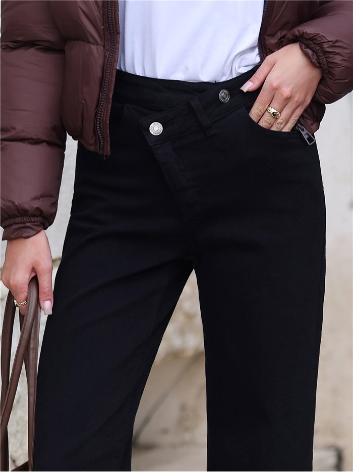 Jeans wide leg negros cintura cruzada