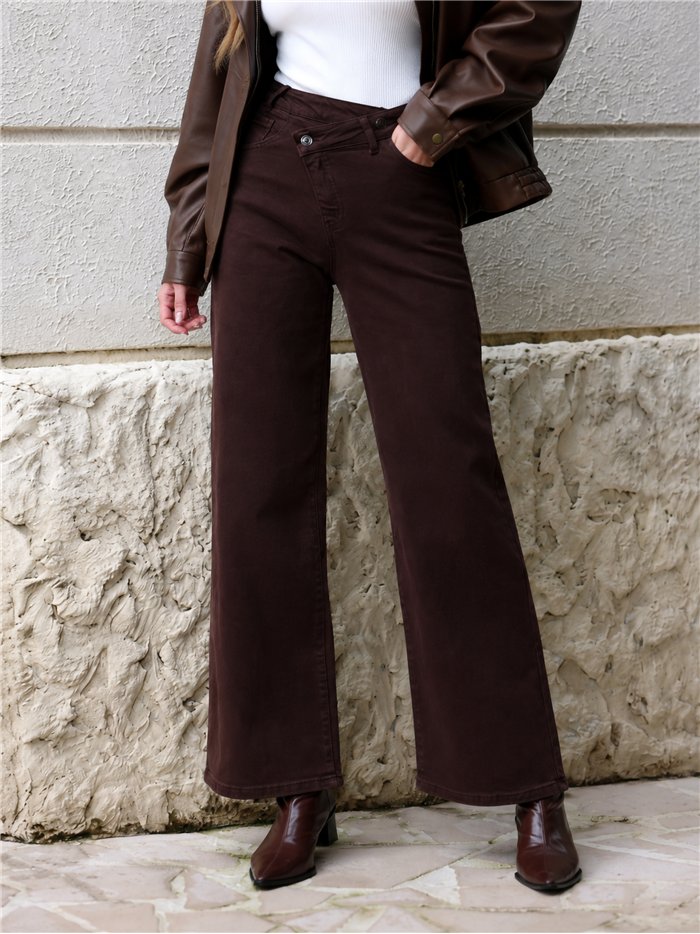 Jeans wide leg chocolate cintura cruzada