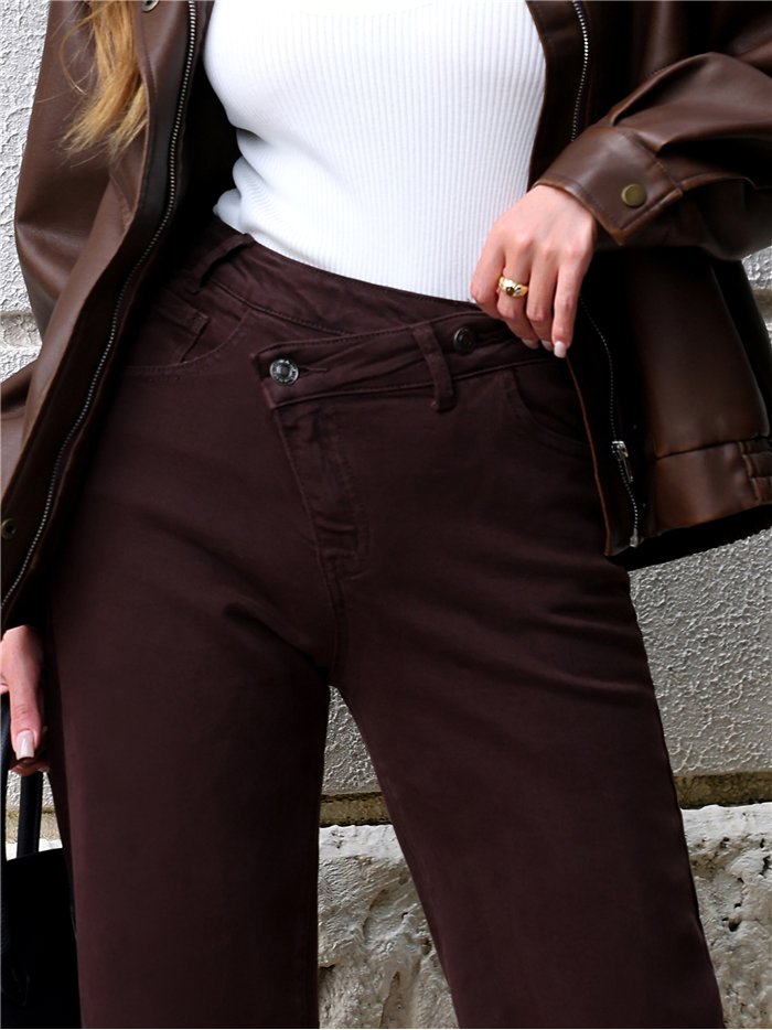 Jeans wide leg chocolate cintura cruzada