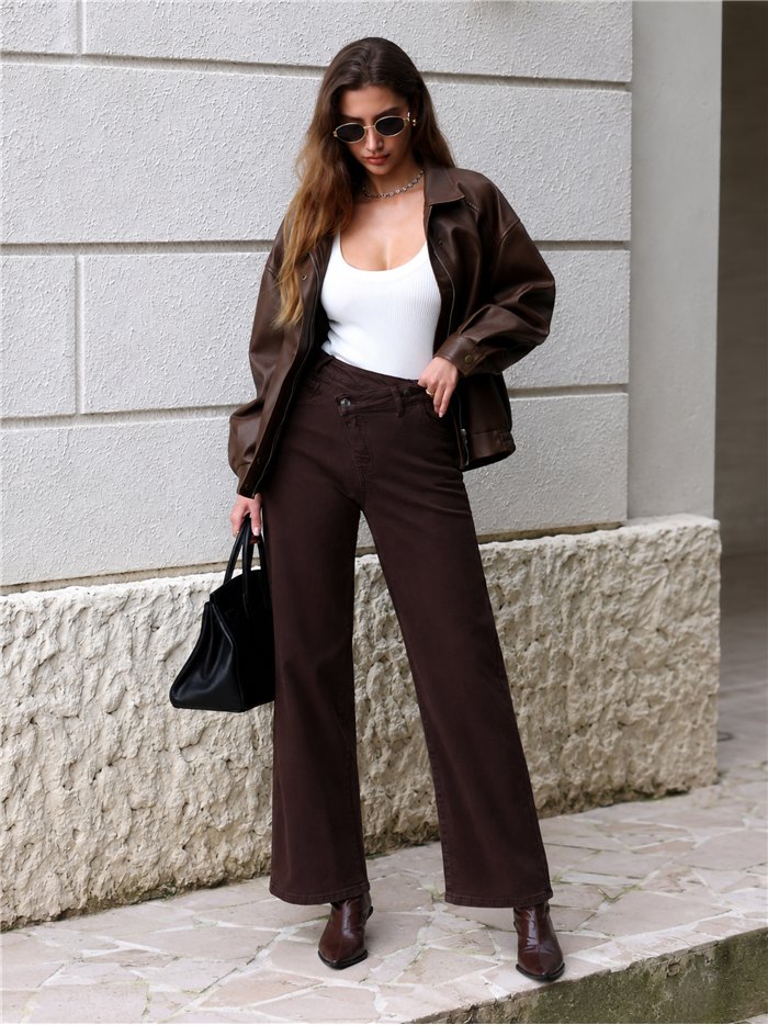 Jeans wide leg chocolate cintura cruzada