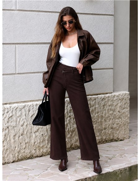 Jeans wide leg chocolate cintura cruzada