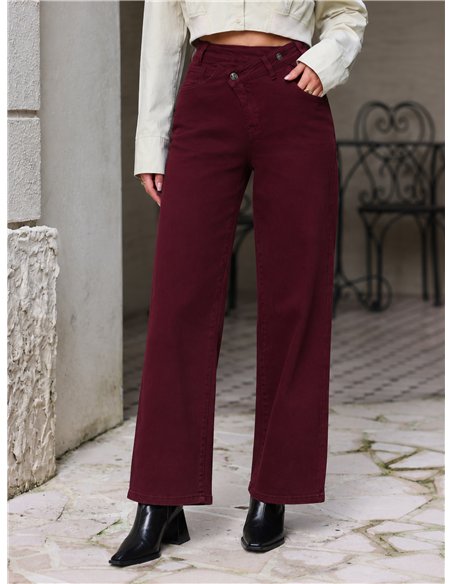 Jeans wide leg vino cintura cruzada