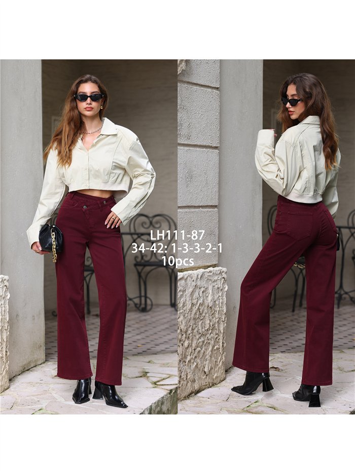 Jeans wide leg vino cintura cruzada