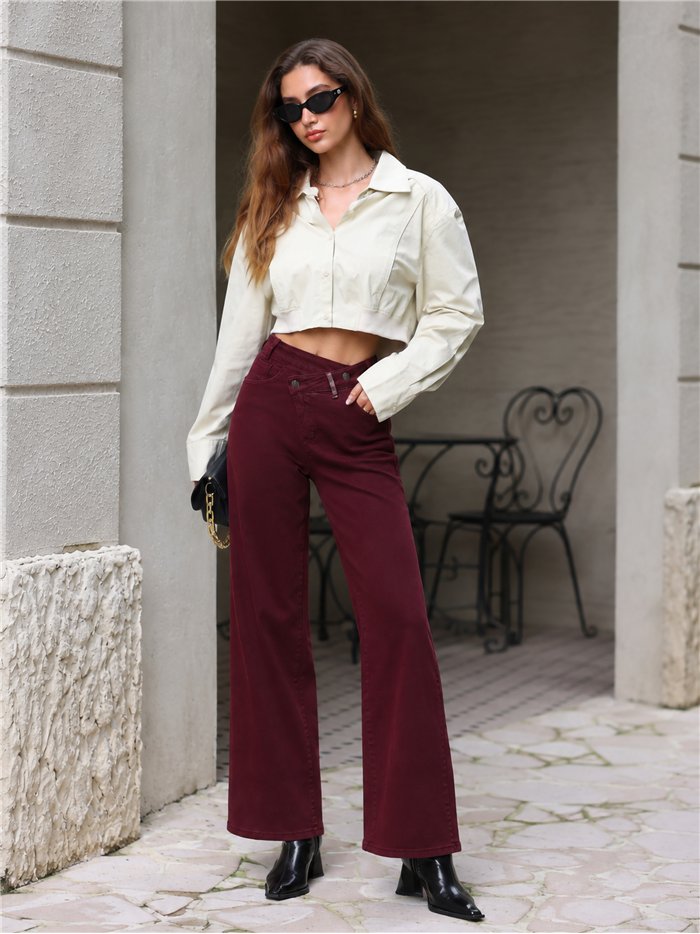Jeans wide leg vino cintura cruzada