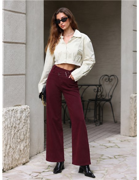 Jeans wide leg vino cintura cruzada