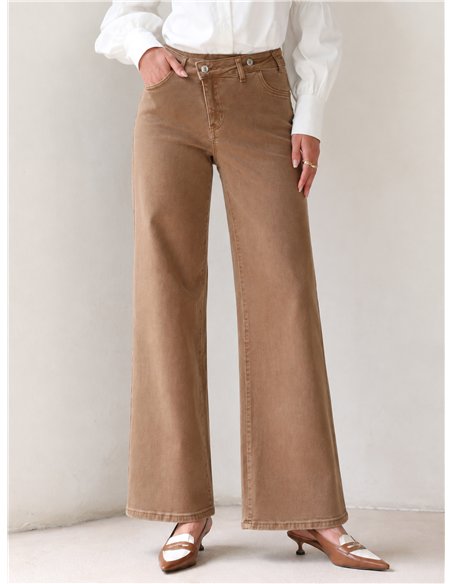 Jeans wide leg camel cintura cruzada