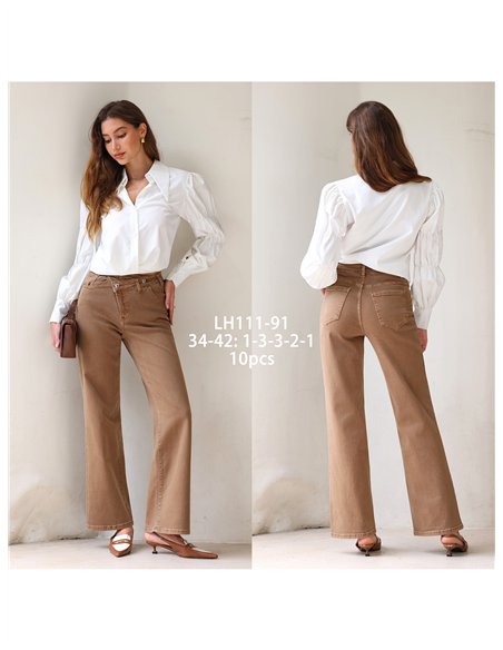 Jeans wide leg camel cintura cruzada