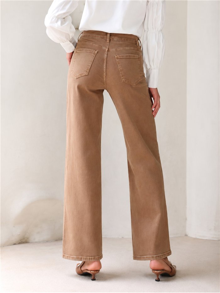 Jeans wide leg camel cintura cruzada