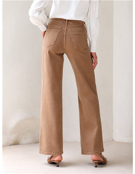 Jeans wide leg camel cintura cruzada