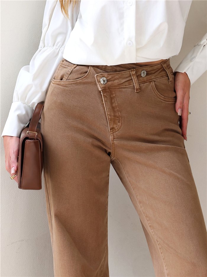 Jeans wide leg camel cintura cruzada