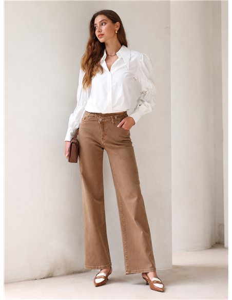 Jeans wide leg camel cintura cruzada