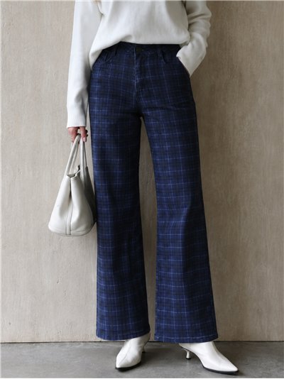 Jeans wide leg de cuadros azul