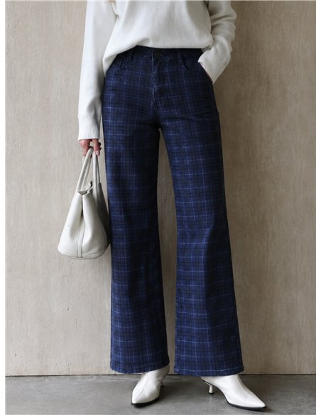 Jeans wide leg de cuadros azul