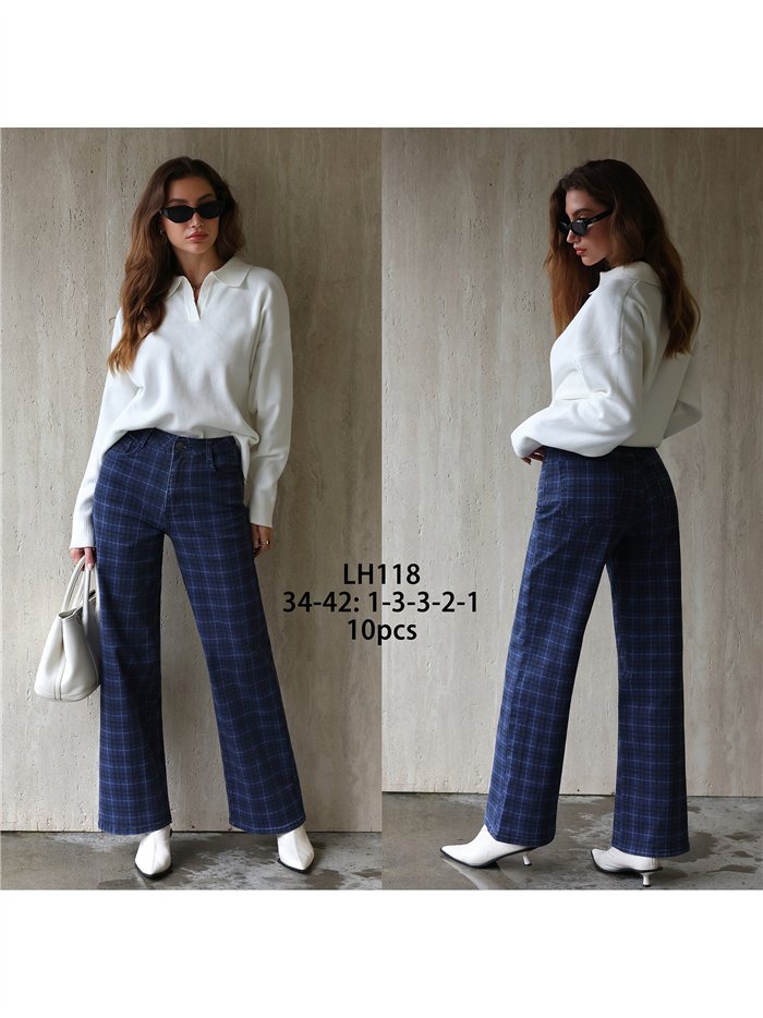 Jeans wide leg de cuadros azul