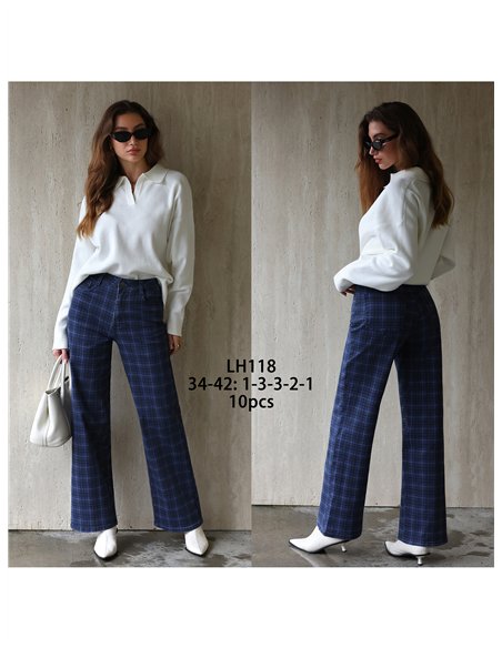 Jeans wide leg de cuadros azul