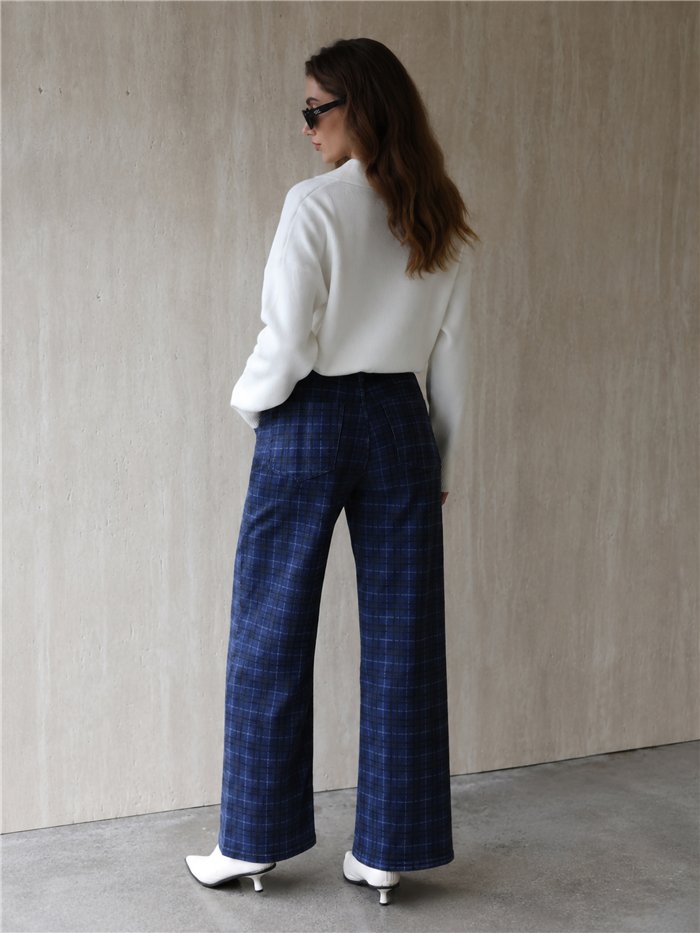 Jeans wide leg de cuadros azul