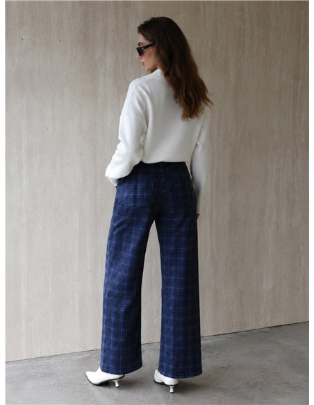 Jeans wide leg de cuadros azul